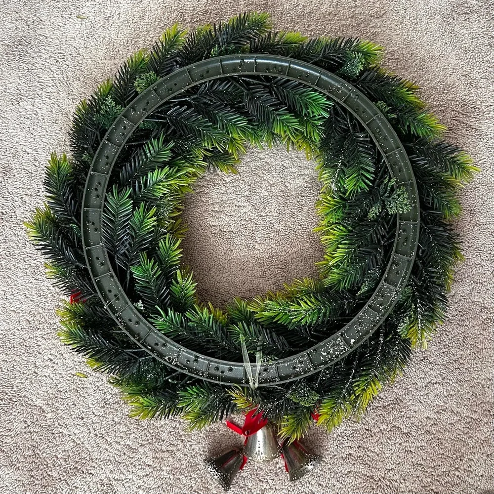 Elegant Artificial Green Christmas Holiday Wreath with Red Ribbon and Pinecones